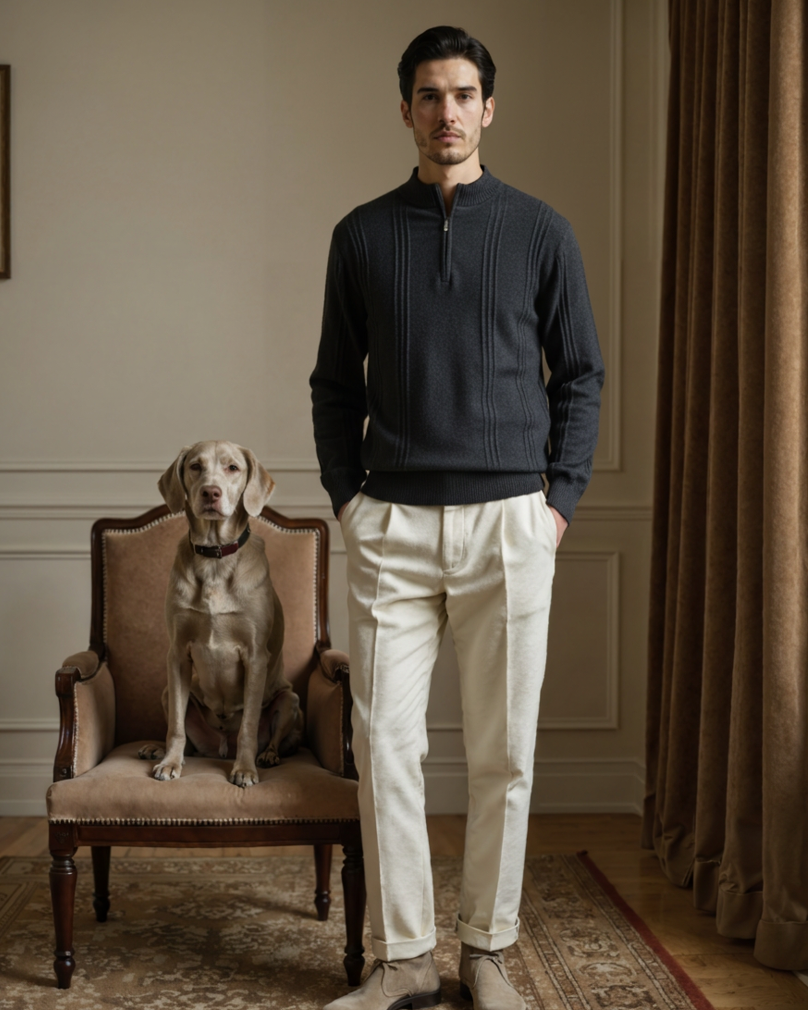100% Cashmere Ribbed Half Zip lifestyle view beige cashmere Italian Design