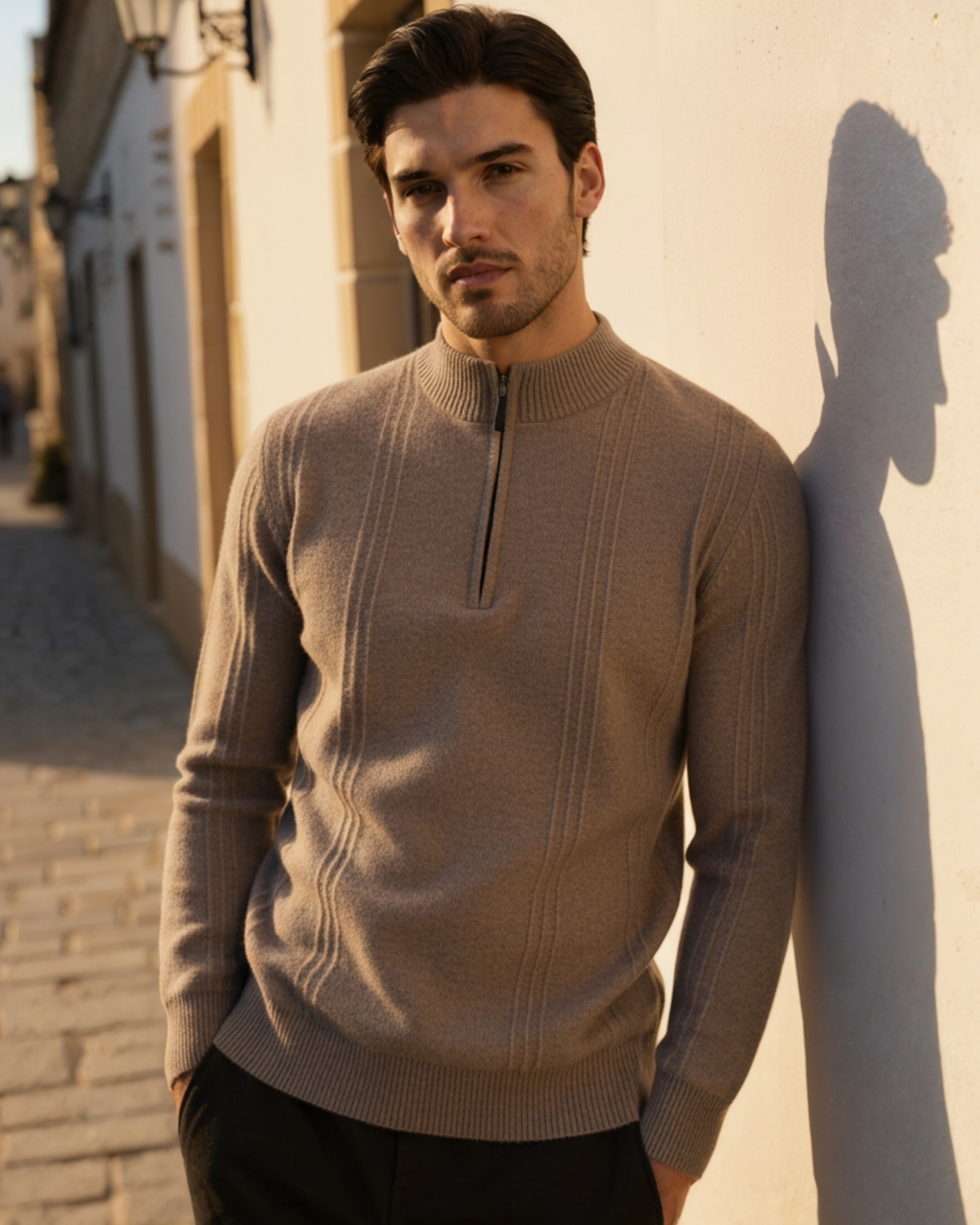 100% Cashmere Ribbed Half Zip front view beige cashmere Italian Design