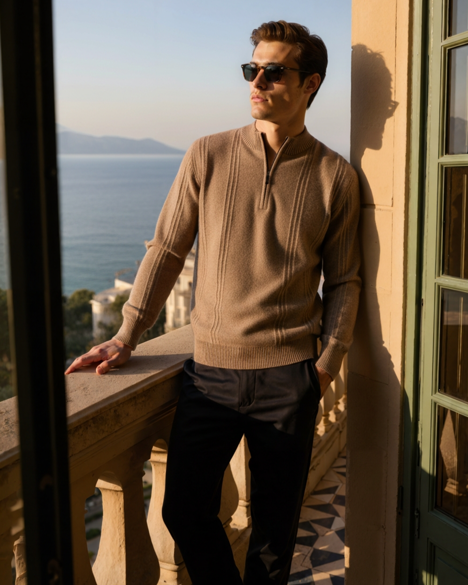 100% Cashmere Ribbed Half Zip back view dark gray cashmere Italian Design