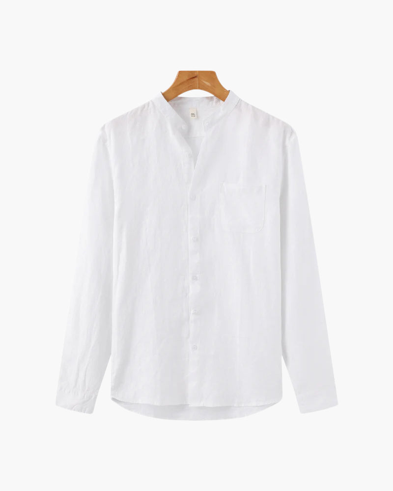 Genova Linen Shirt front view gray linen relaxed fit studio background