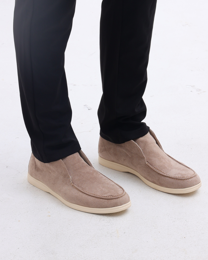 Sorrento Suede Loafer on-body view fog blue suede refined stitching detail
