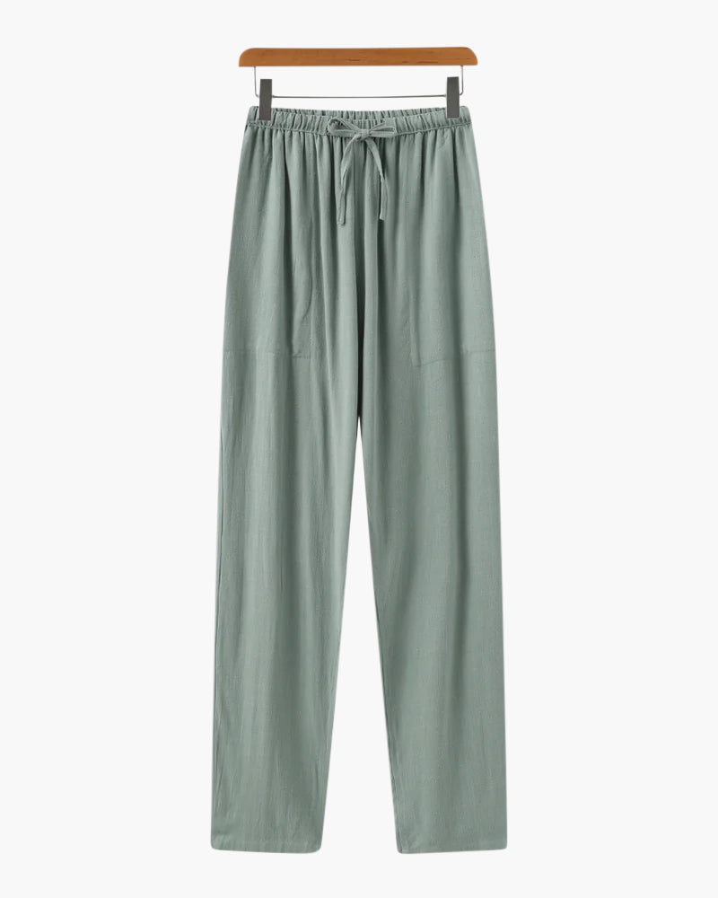 Perugia Linen Trouser close-up linen texture and seam construction slim tapered detail