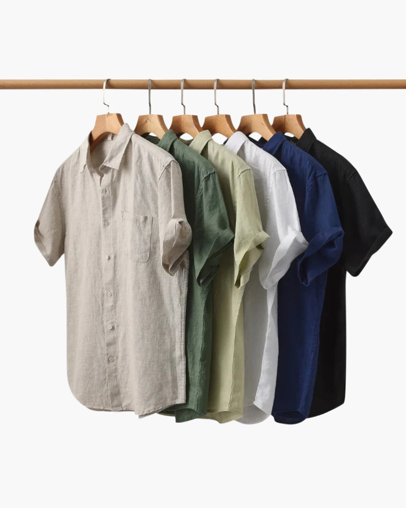 Rimini Linen Shirt detail view collar and button placket beige linen construction