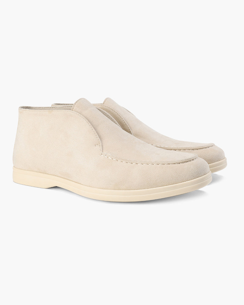 Sorrento Suede Loafer on-body back view beige suede elevated silhouette minimal