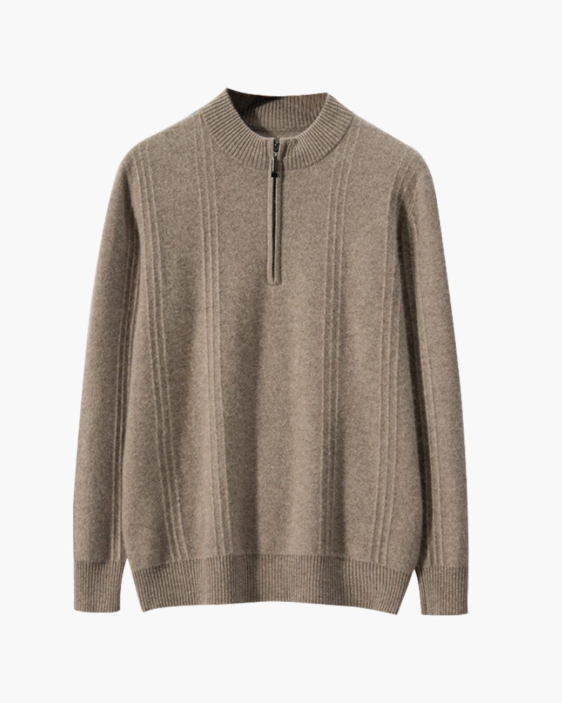 100% Cashmere Ribbed Half Zip side profile beige cashmere Italian Design