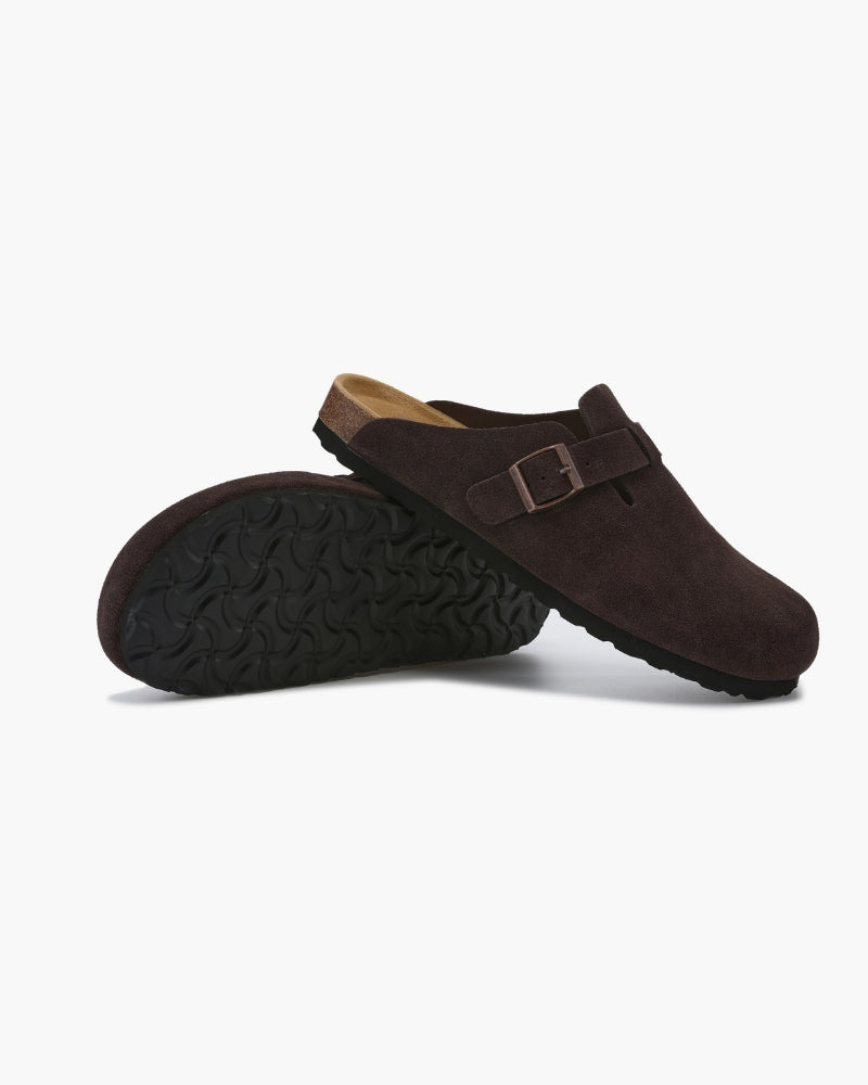 Procida Suede Clog side profile brown suede slip-on open-back natural light