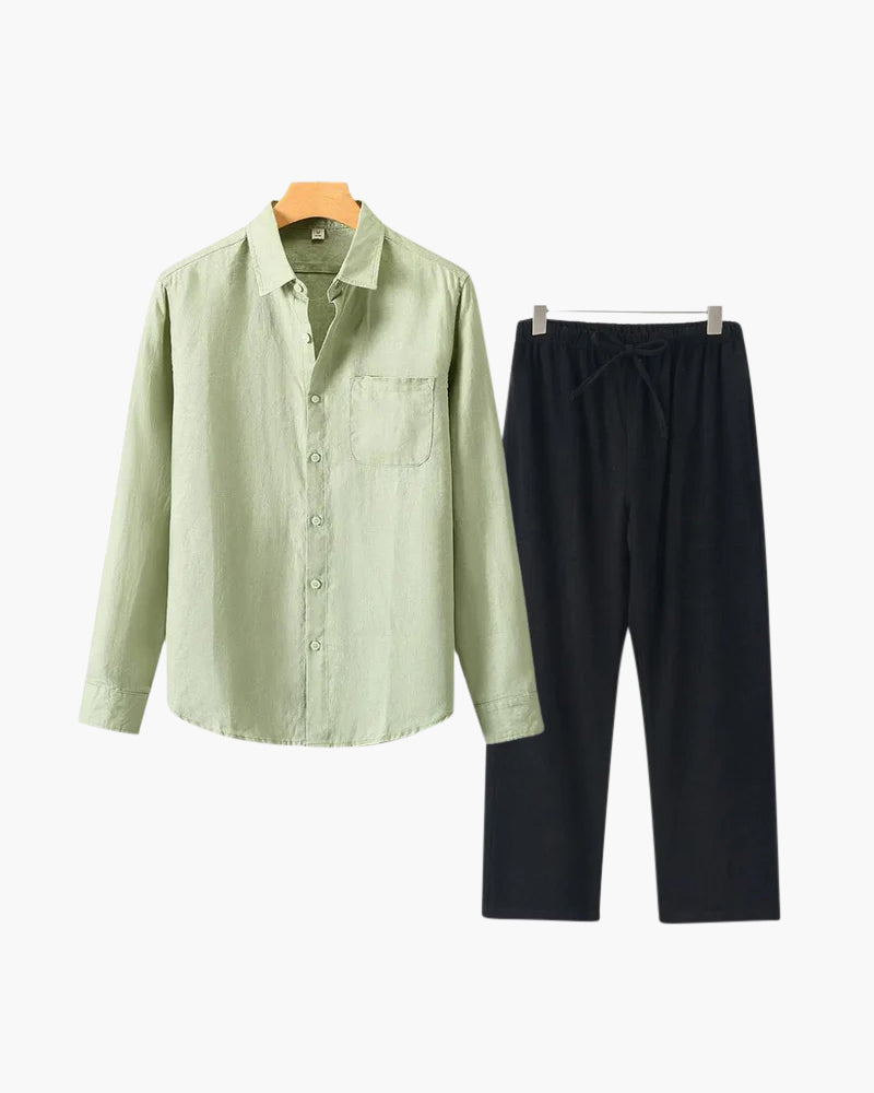 Catania Linen Set close-up linen texture button placket trouser waistband detail