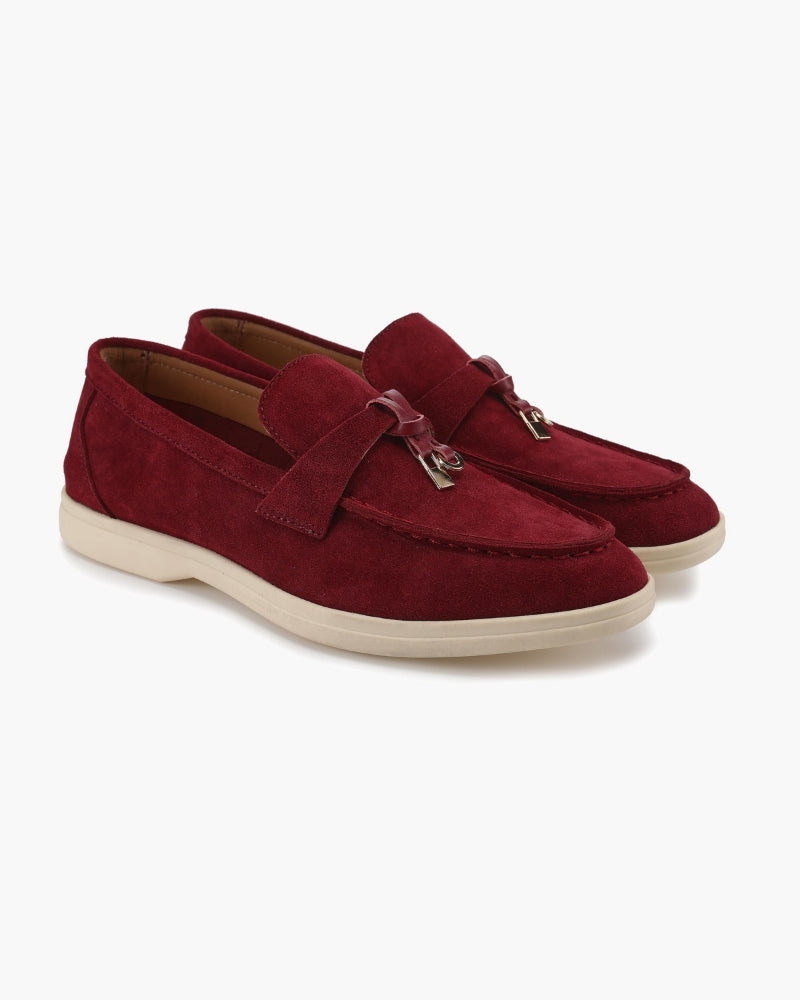 Gaeta Suede Loafer front view bordeaux suede refined stitching detail