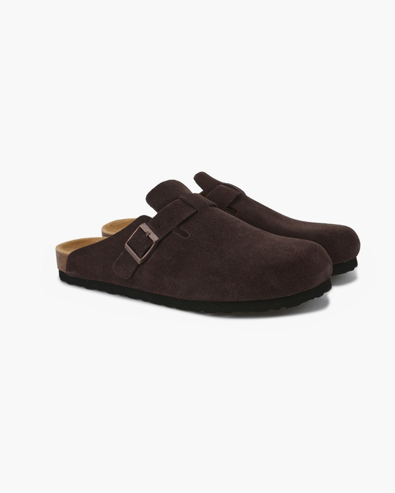 Procida Suede Clog close-up suede upper stitching texture premium material