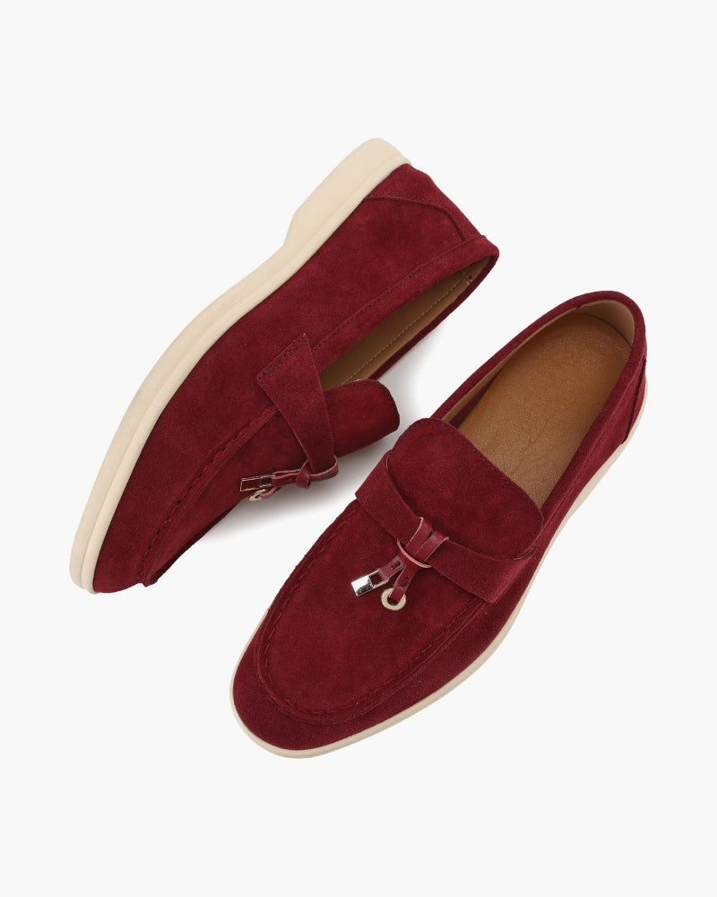 Gaeta Suede Loafer on-body view bordeaux suede editorial menswear