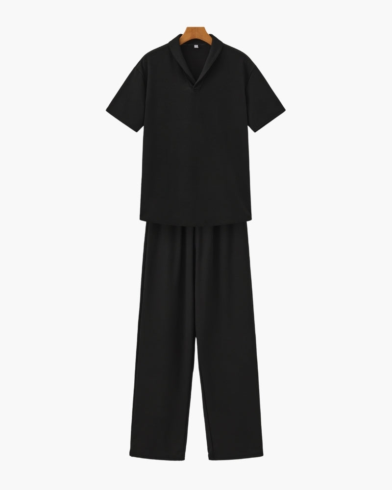 Salerno Cotton Set front view black polo and trouser matching set studio