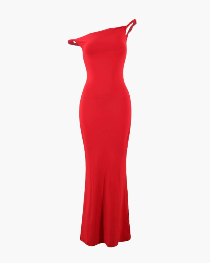 One-Shoulder Bodycon Long Dress product view red dress Italian Design