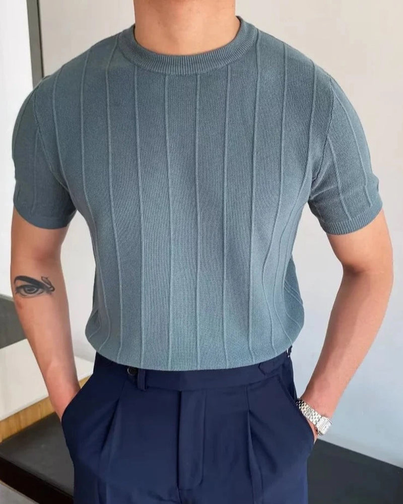 Vicenza Linen Tee front view blue ribbed linen cotton crewneck tee studio