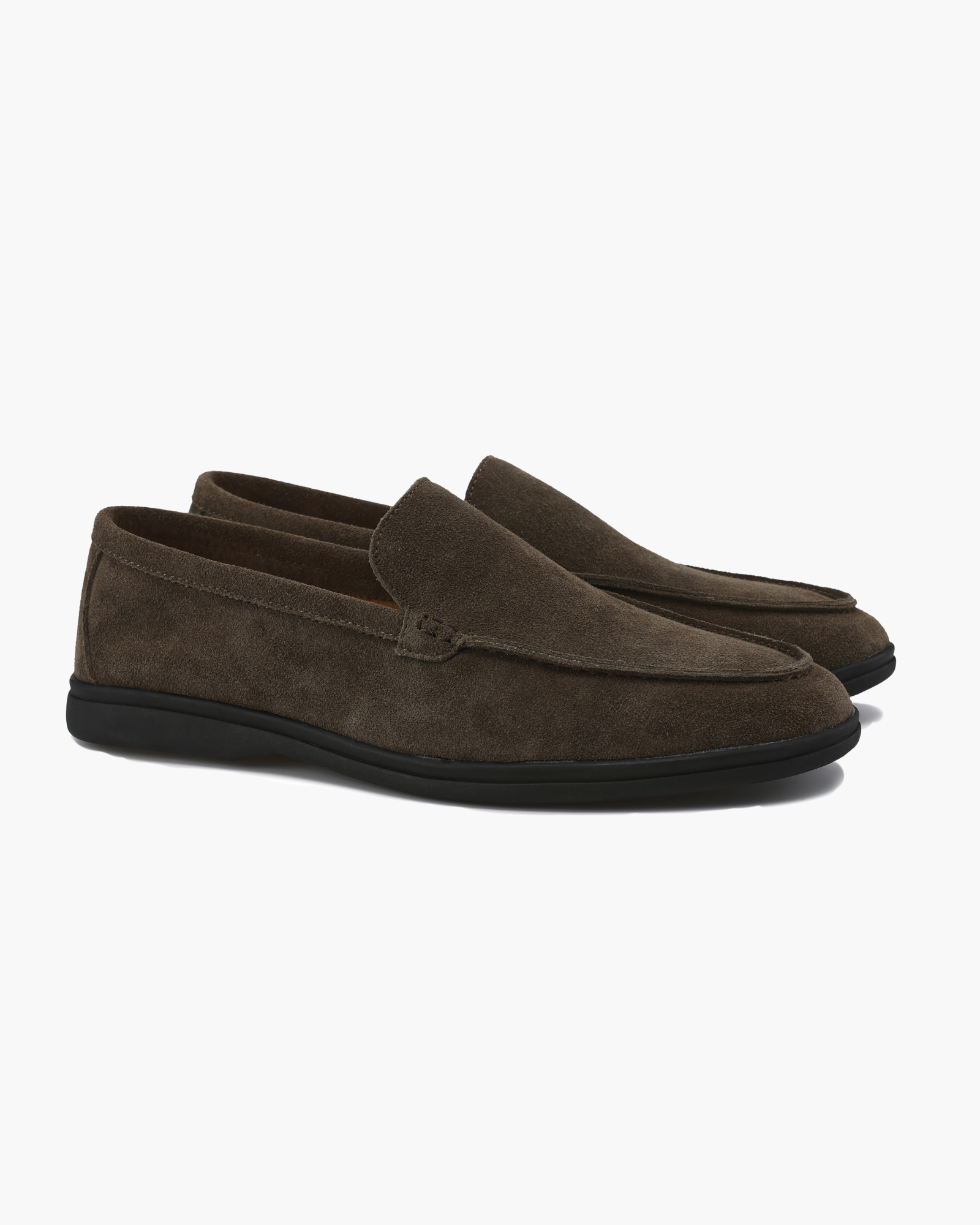 Udine Suede Loafer on-body view olive suede loafer black sole smart casual editorial
