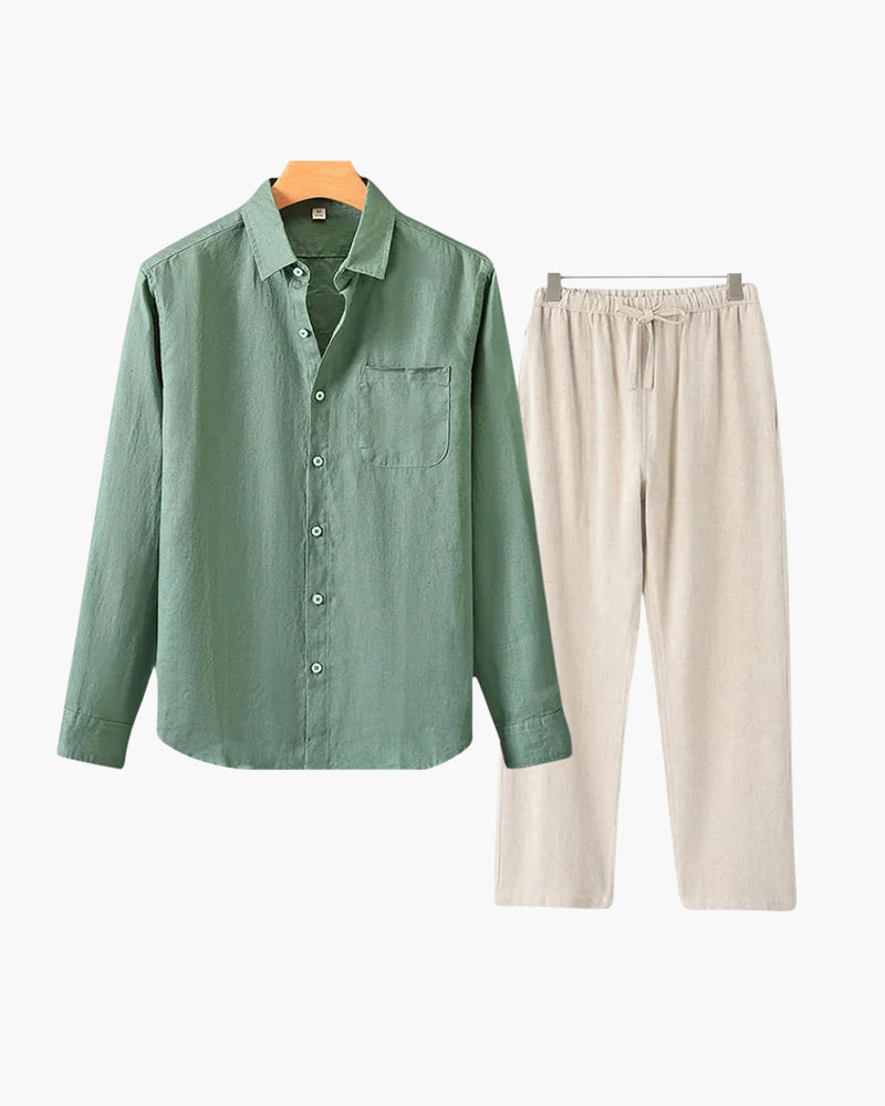Catania Linen Set on-body view green linen shirt matching trouser smart casual editorial