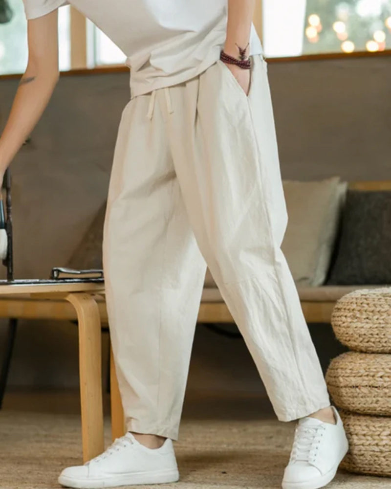 Siena Cotton Trouser front view beige linen-cotton straight leg studio