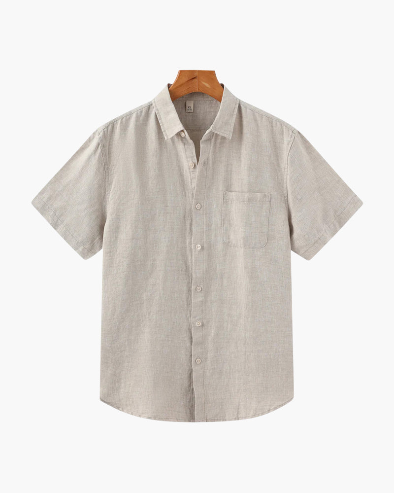 Rimini Linen Shirt on-body view beige short sleeve linen shirt smart casual editorial