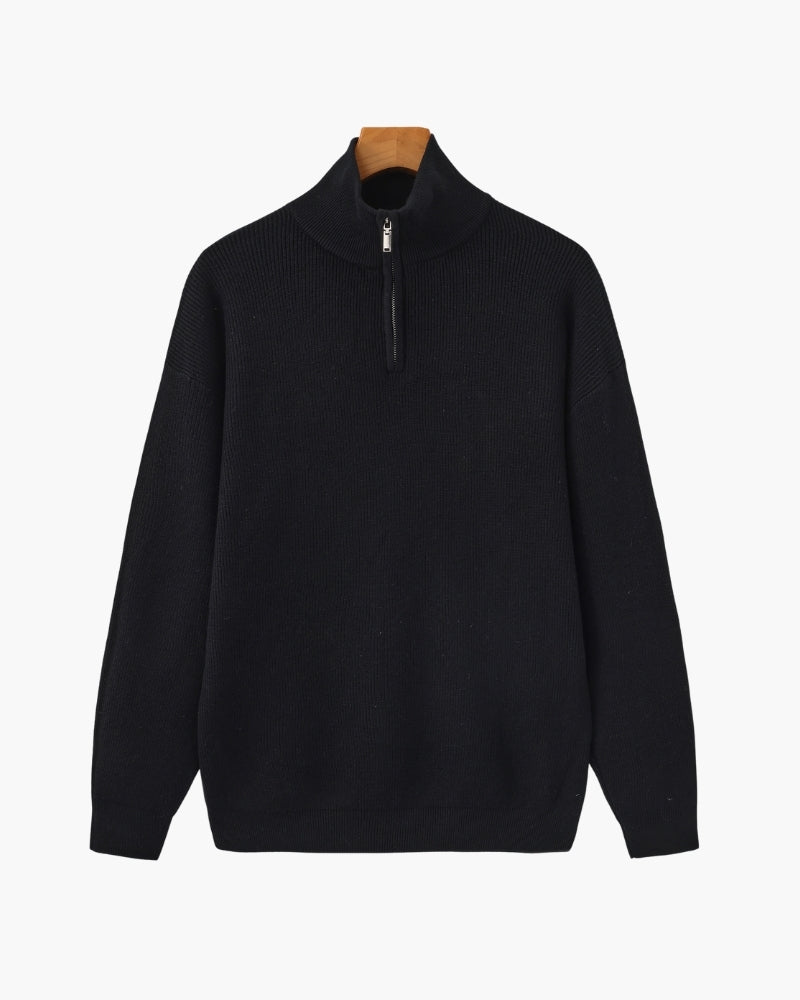 Refined Half-Zip Knit Pullover front view black knitwear Italian Design