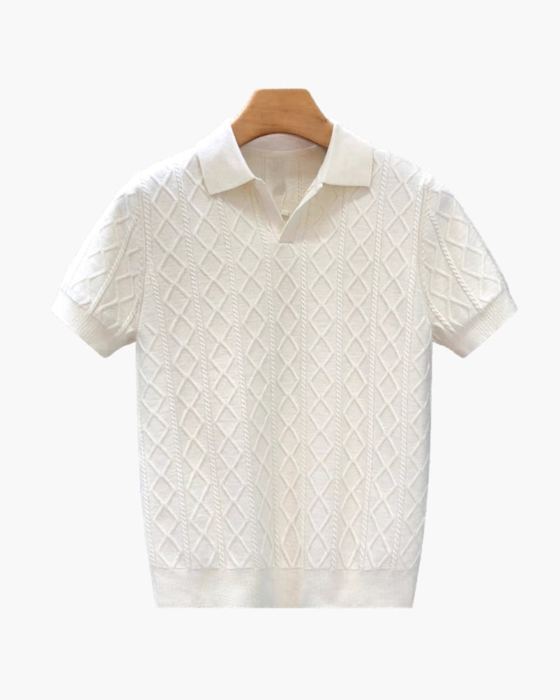 Signature Textured Knit Polo detail view white polo shirt Italian Design