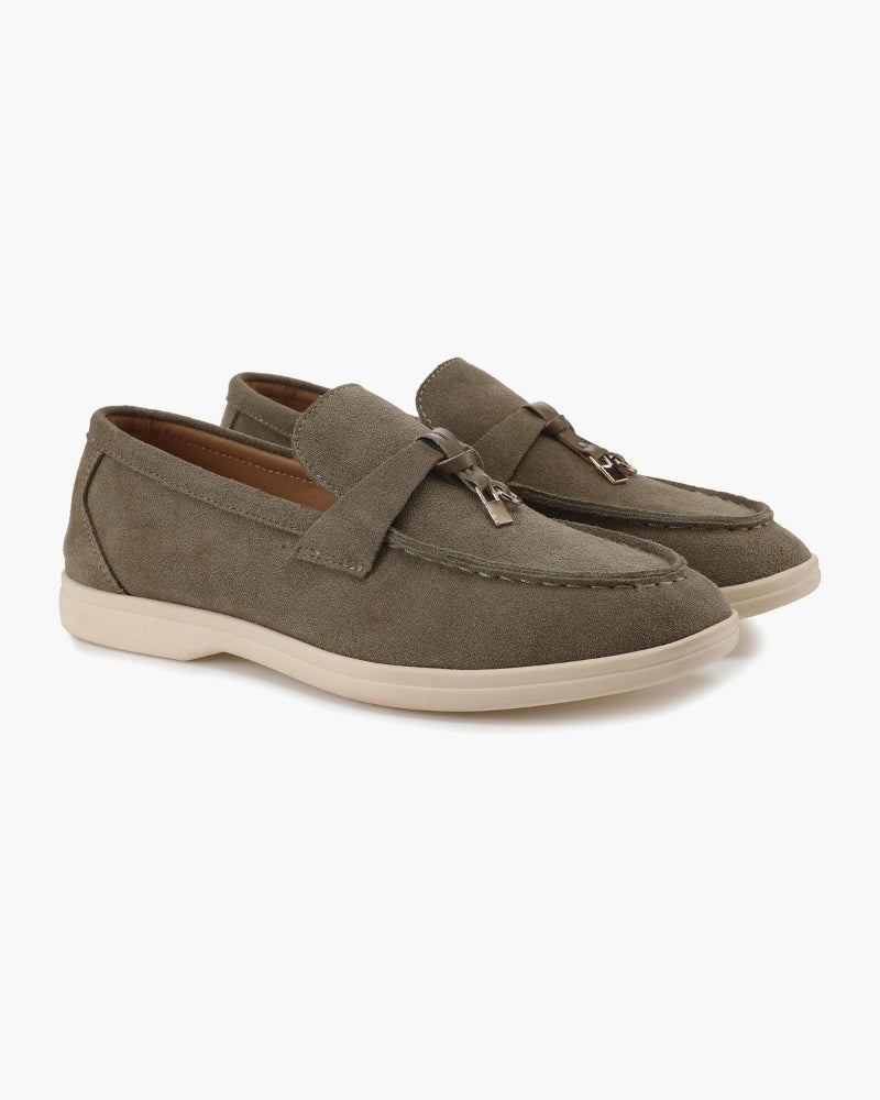 Gaeta Suede Loafer front view olive suede clean profile studio