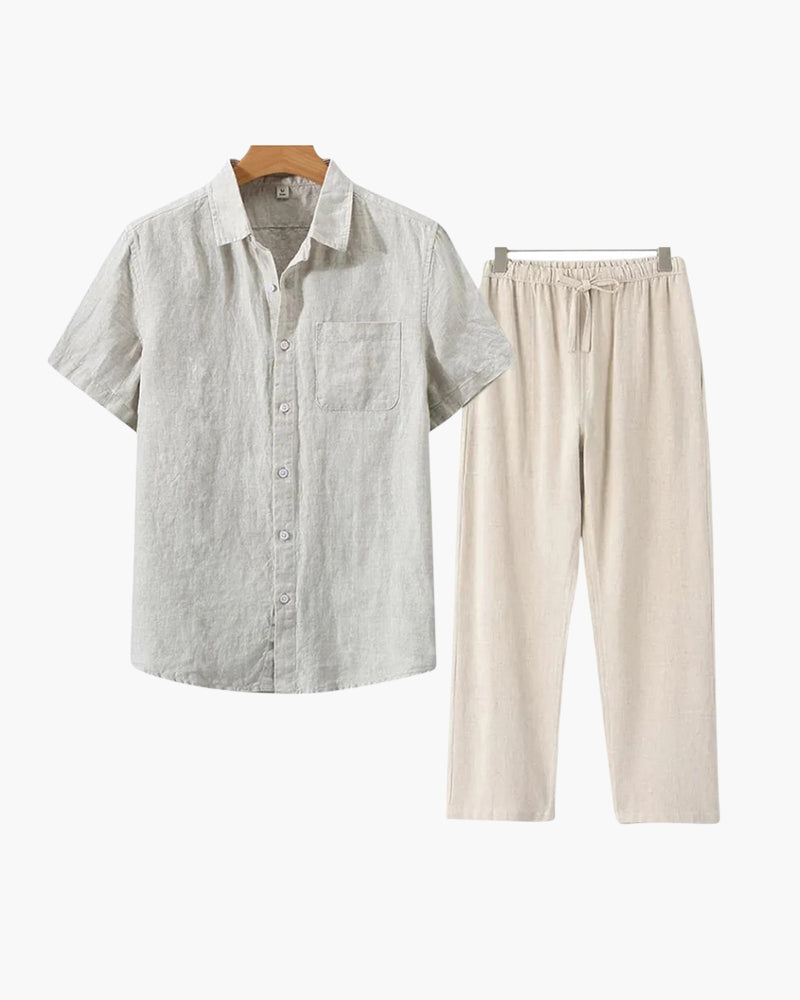 Marsala Linen Set front view beige short sleeve linen shirt beige trouser matching set