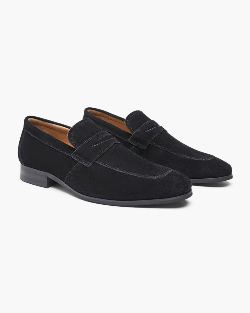 Ferrara Suede Loafer on-body view black suede penny loafer smart casual editorial