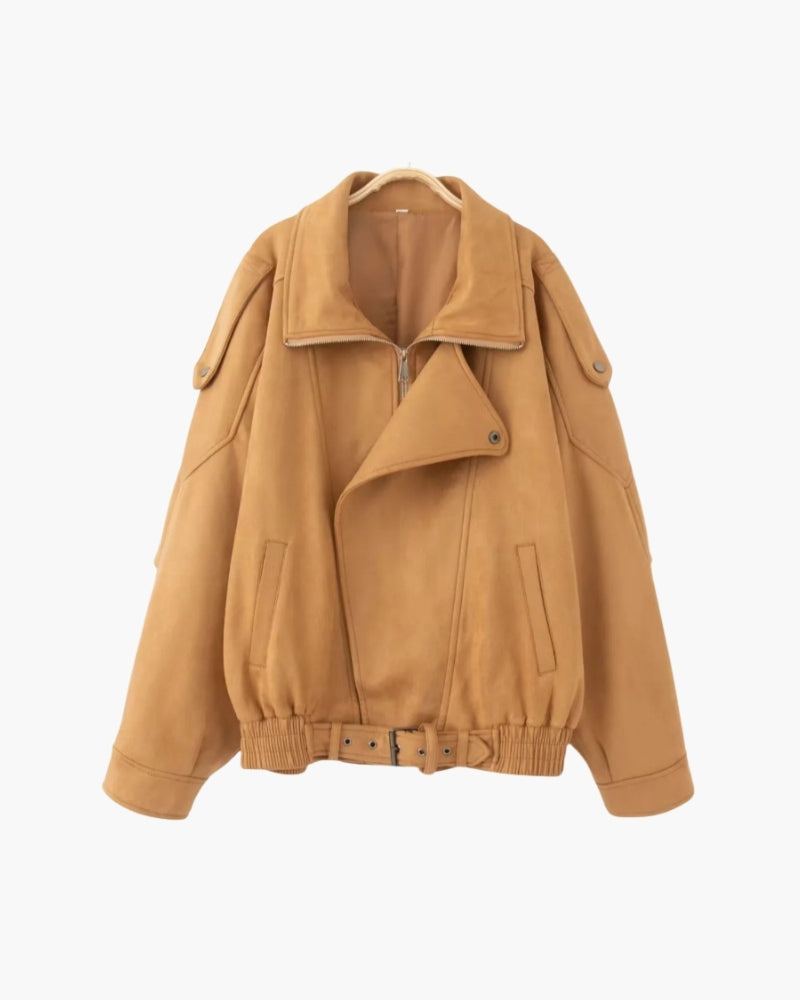 Vintage Suede Drape Jacket on-body view brown suede Italian Design
