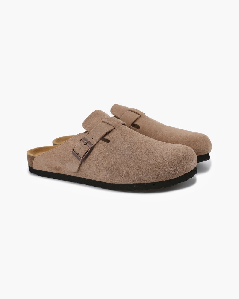 Procida Suede Clog on-body view beige suede smart casual styling