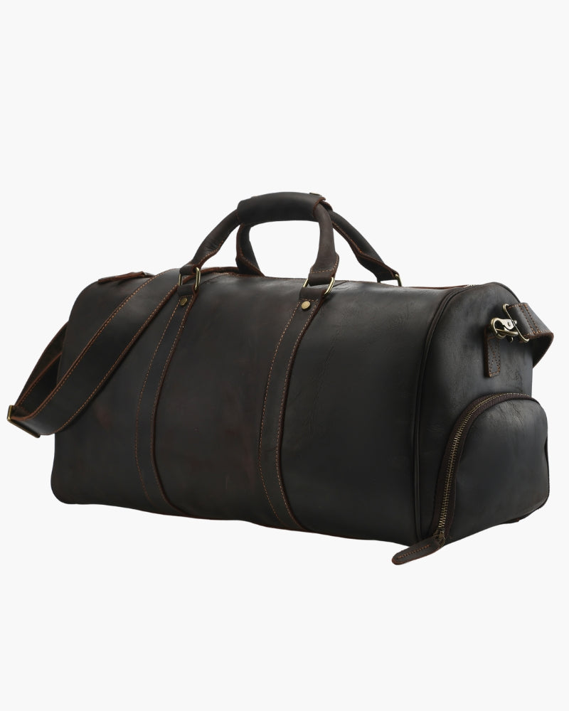 Montague Leather Duffle back view dark brown leather Italian Design