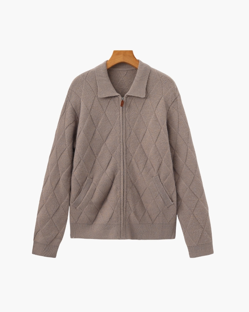 Heritage Diamond Knit Zip Cardigan front view mocha knitwear Italian Design