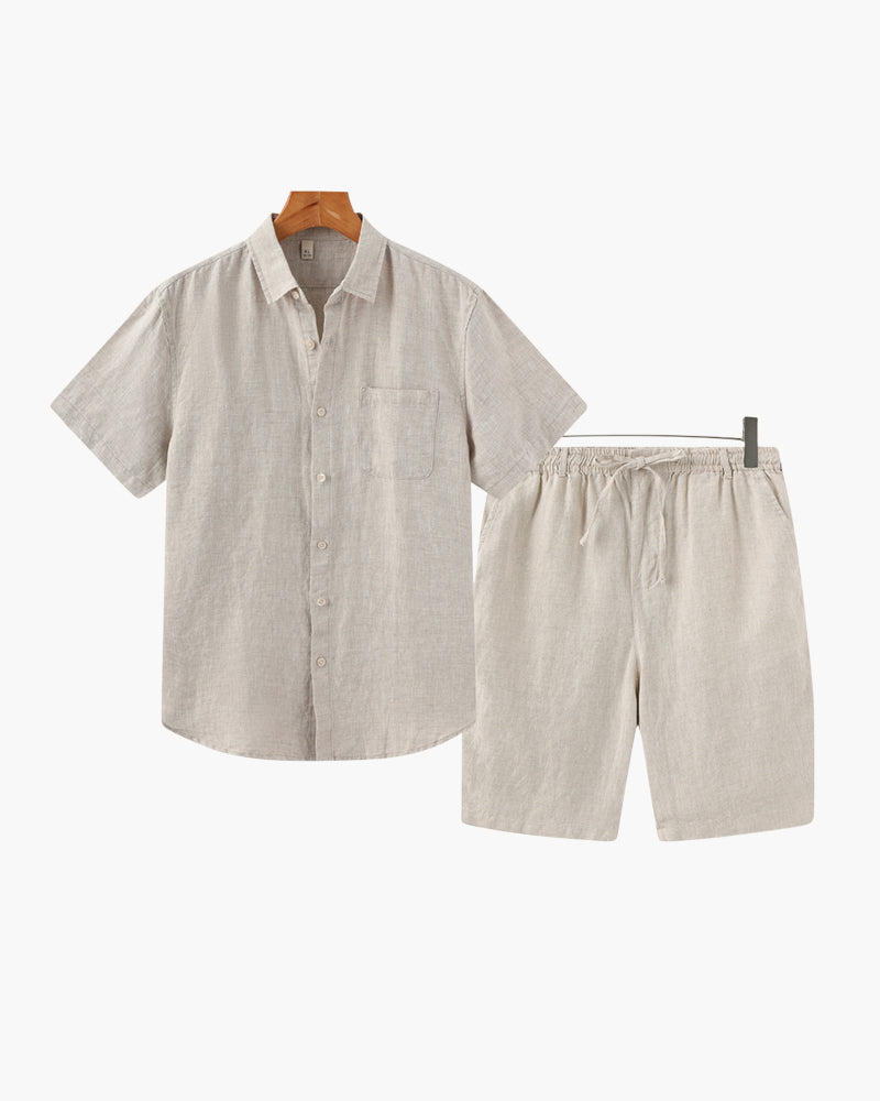 Taormina Linen Set front view beige short sleeve linen shirt beige linen shorts matching set
