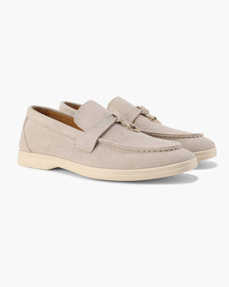 Gaeta Suede Loafer on-body view beige suede smart casual editorial