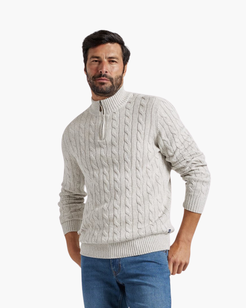 Fiesole Half Zip Sweater front view gray spun cotton clean composition