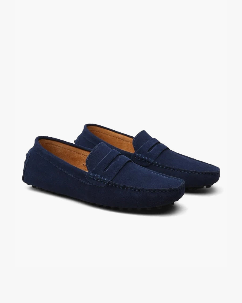 Tropea Suede Driver Loafer on-body view marine blue suede smart casual