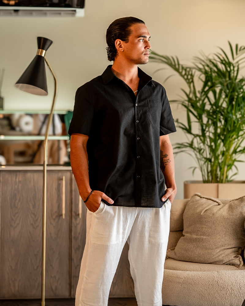 Rimini Linen Shirt front view beige short sleeve linen shirt button-front placket studio