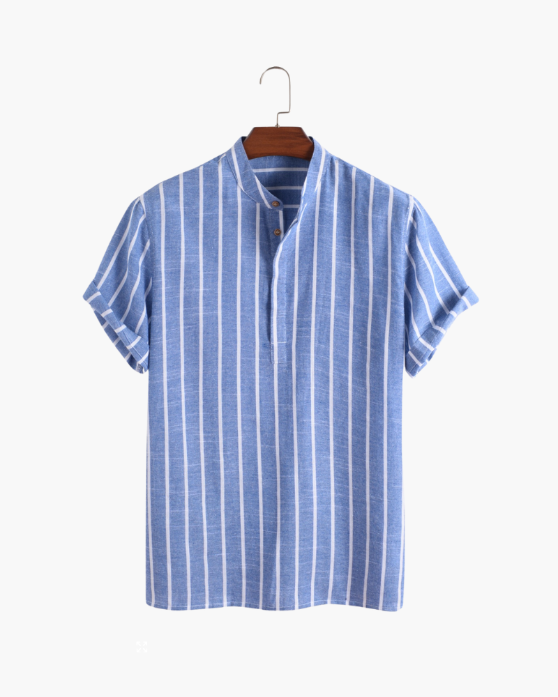 Bari Cotton Polo on-body view blue polo short sleeve smart casual editorial