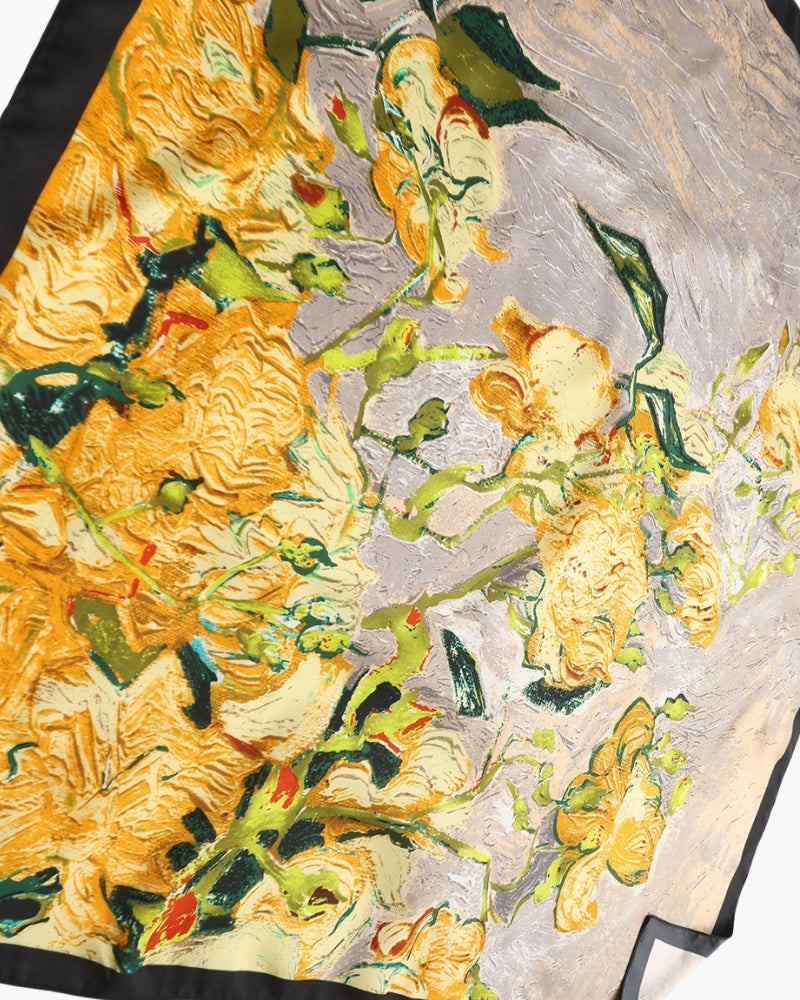 Old Money Impressionist Garden Scarf on-body view golden rose piece Italian Design