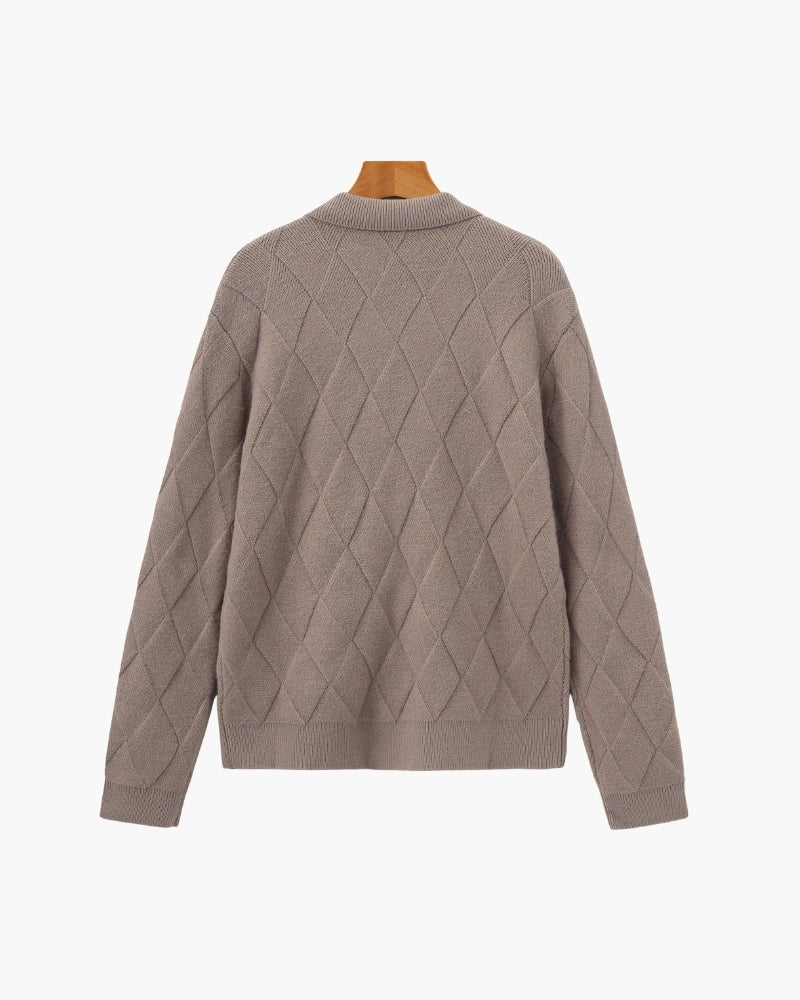 Heritage Diamond Knit Zip Cardigan side profile mocha knitwear Italian Design