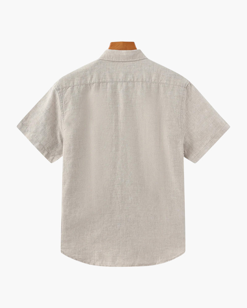 Rimini Linen Shirt front view white short sleeve linen shirt clean minimal styling