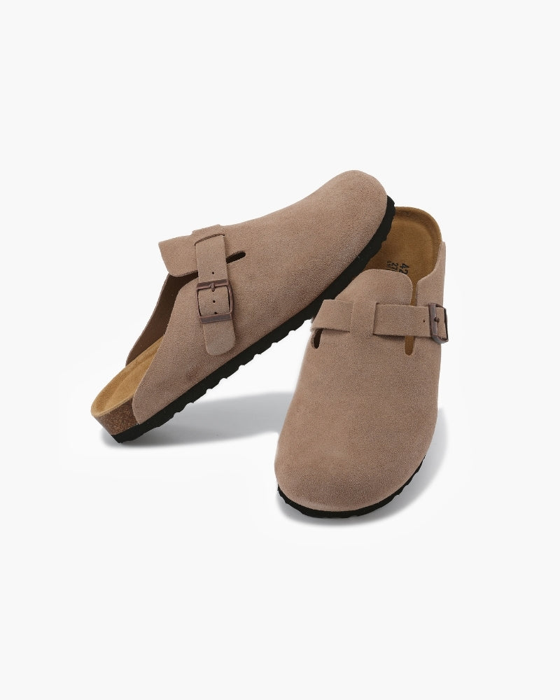 Procida Suede Clog front view olive suede minimal clean silhouette