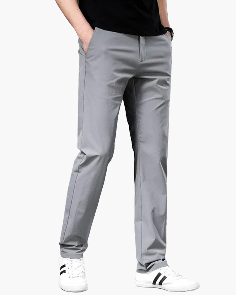 Pisa Cotton Trouser on-body view gray straight-loose cotton chino smart casual editorial