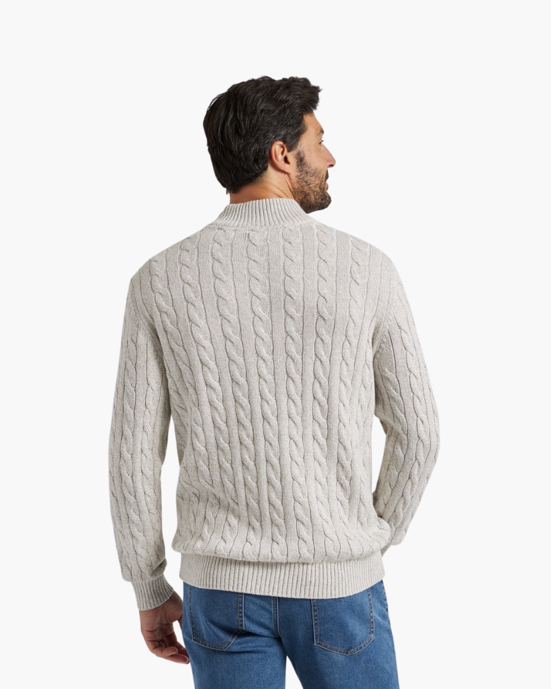 Fiesole Half Zip Sweater front view marine spun cotton studio lighting
