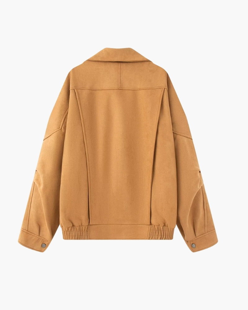 Vintage Suede Drape Jacket editorial view beige suede Italian Design