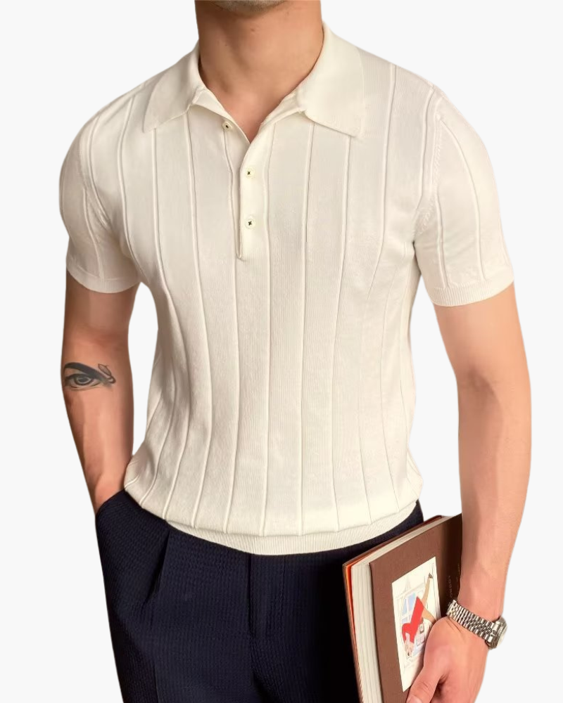 Arezzo Cotton Polo front view white ribbed cotton polo collar short sleeve studio