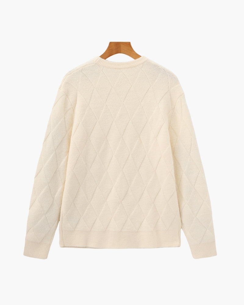 Diamond Knit Crewneck Sweater on-body view beige knitwear Italian Design