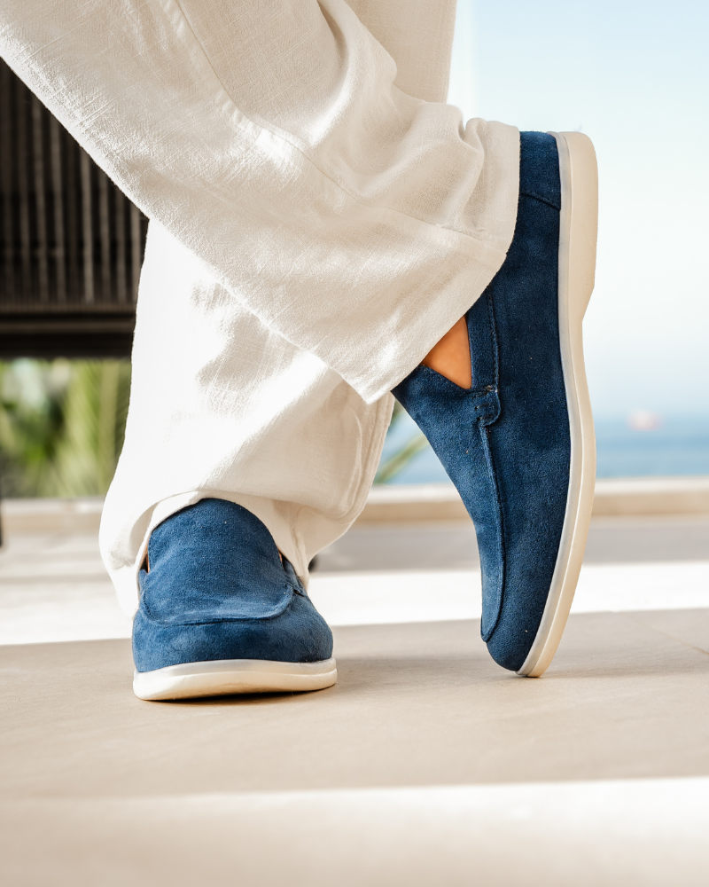 Venezia Suede Loafer pair view light brown suede white studio background