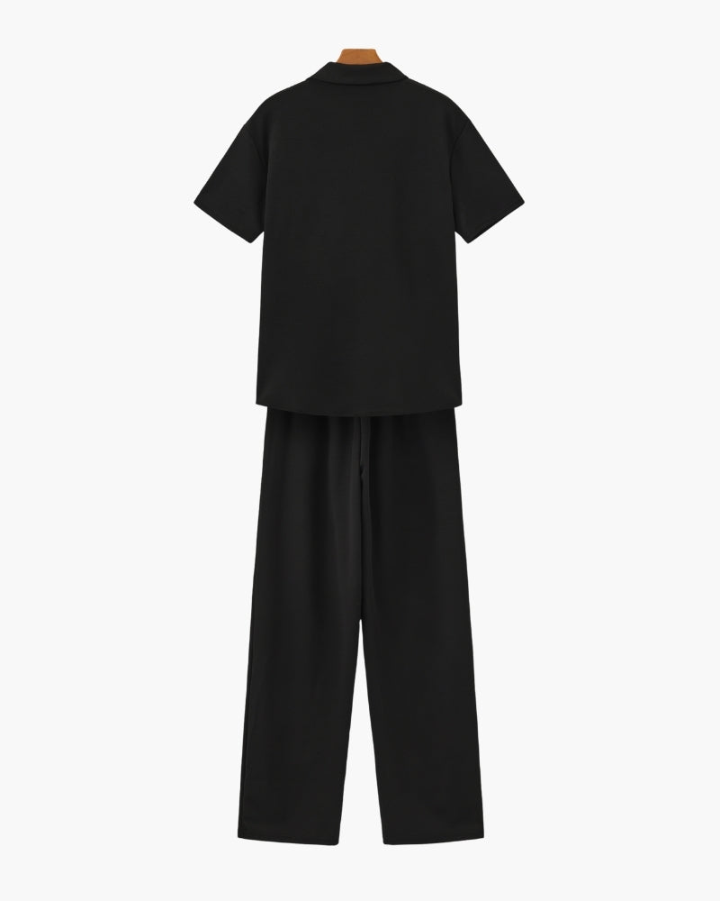 Salerno Cotton Set on-body view black cotton coordinated set smart casual