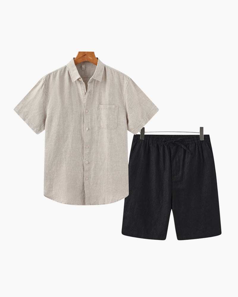 Taormina Linen Set on-body view beige linen shirt and shorts summer editorial Pianizzo