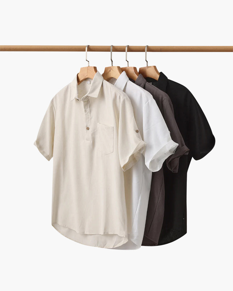 Trieste Linen Polo on-body view beige linen polo shirt smart casual editorial