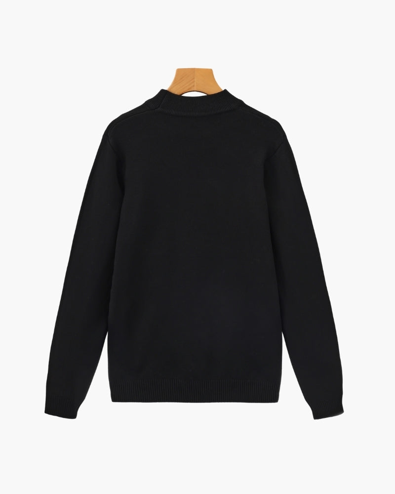 Essential Ribbed Mock Neck Sweater on-body view black knitwear Italian Design
